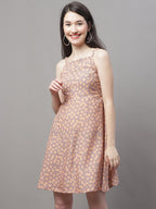 Jainish Women's Peach Floral Printed A-Line Dresses | Grocsy