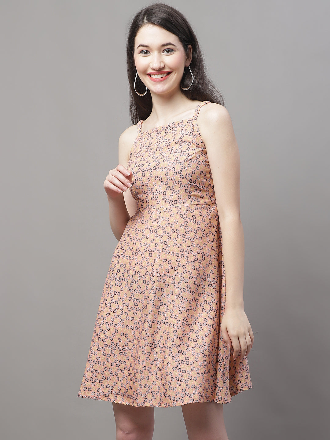 Jainish Women's Peach Floral Printed A-Line Dresses | Grocsy