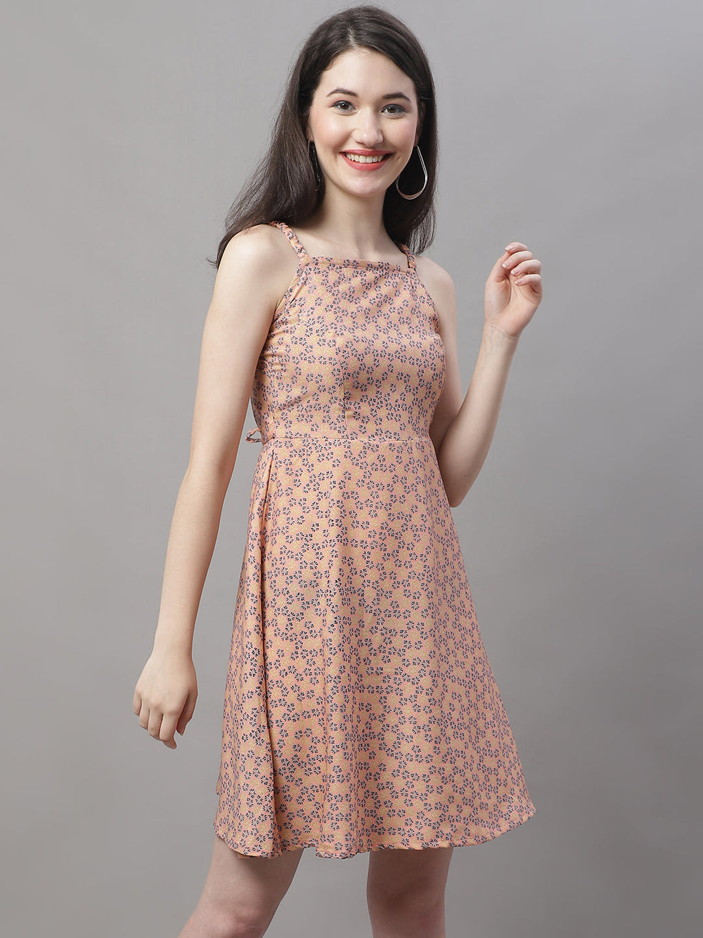 Jainish Women's Peach Floral Printed A-Line Dresses | Grocsy
