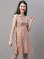 Jainish Women's Peach Floral Printed A-Line Dresses | Grocsy