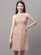 Jainish Women's Peach Floral Printed A-Line Dresses | Grocsy