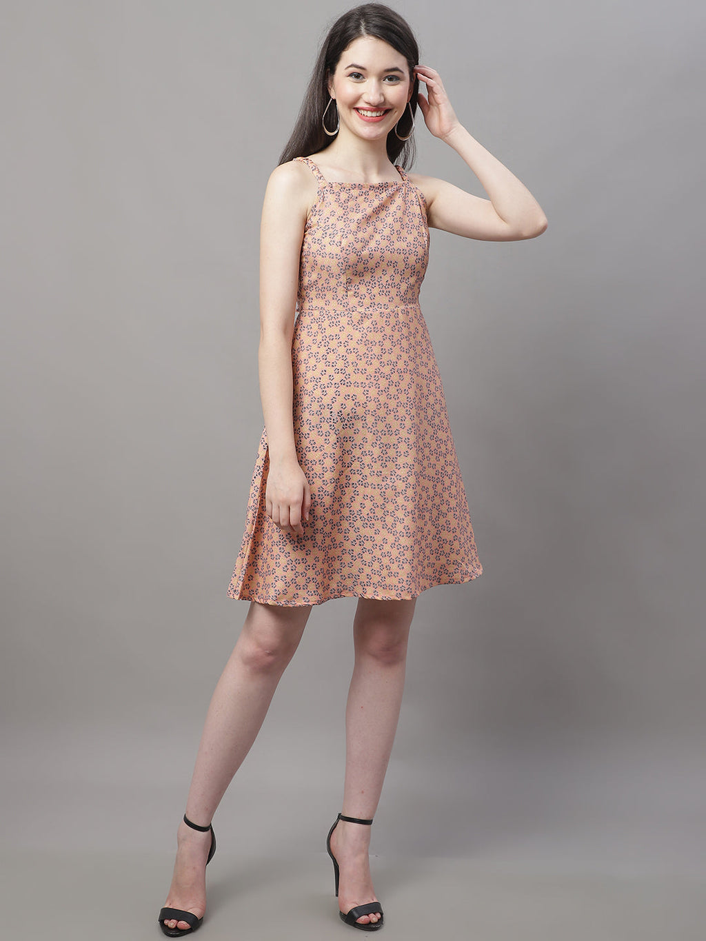 Jainish Women's Peach Floral Printed A-Line Dresses | Grocsy