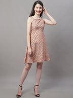 Jainish Women's Peach Floral Printed A-Line Dresses | Grocsy
