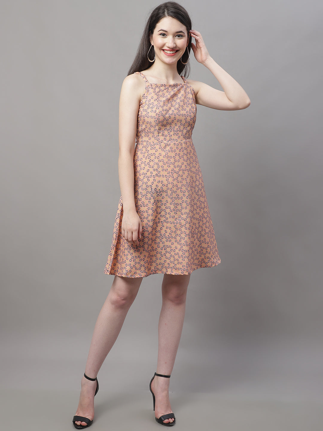 Jainish Women's Peach Floral Printed A-Line Dresses | Grocsy