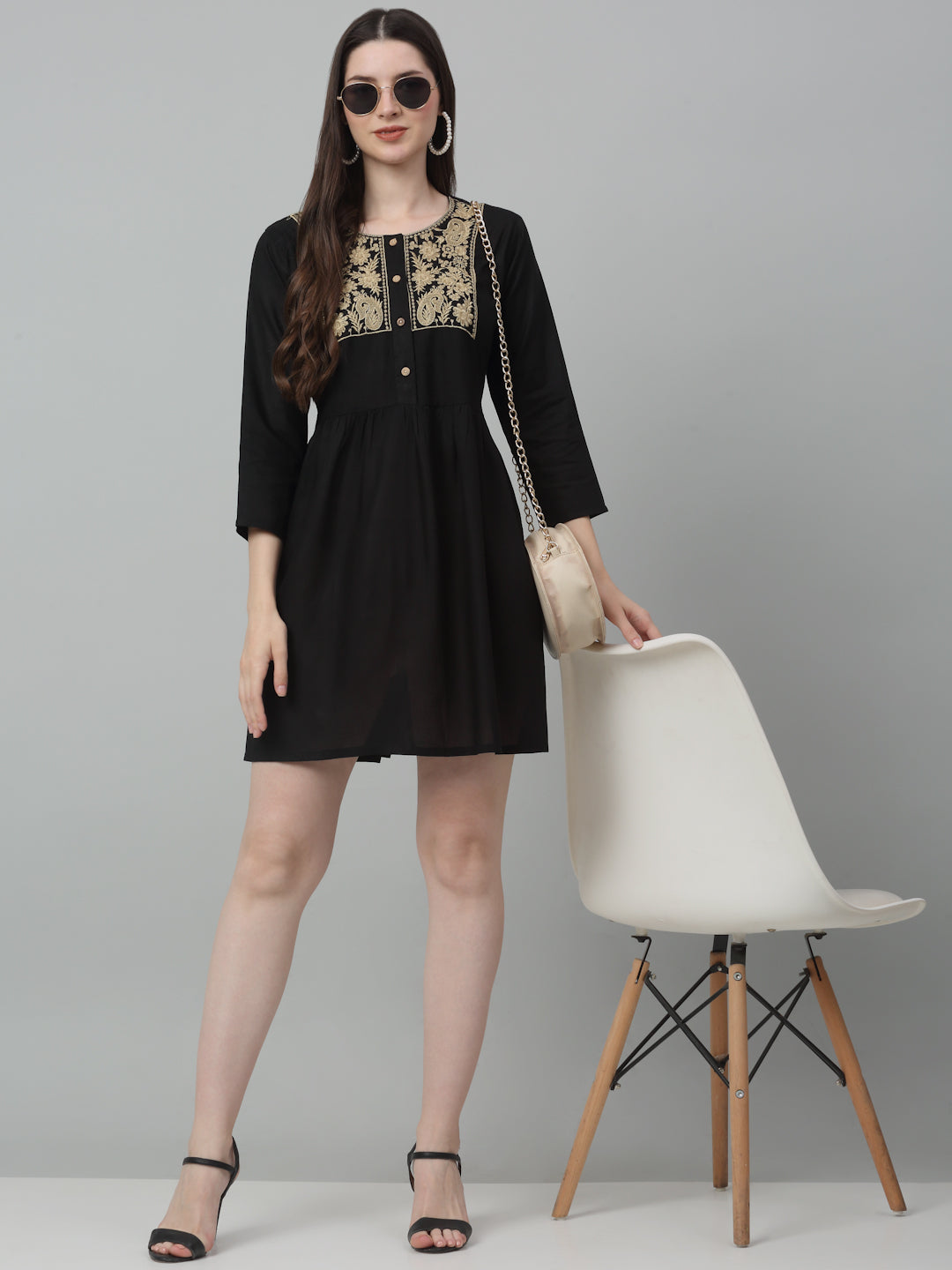 Jainish Women's WoEmbroidered A-line Dress - Black | Grocsy