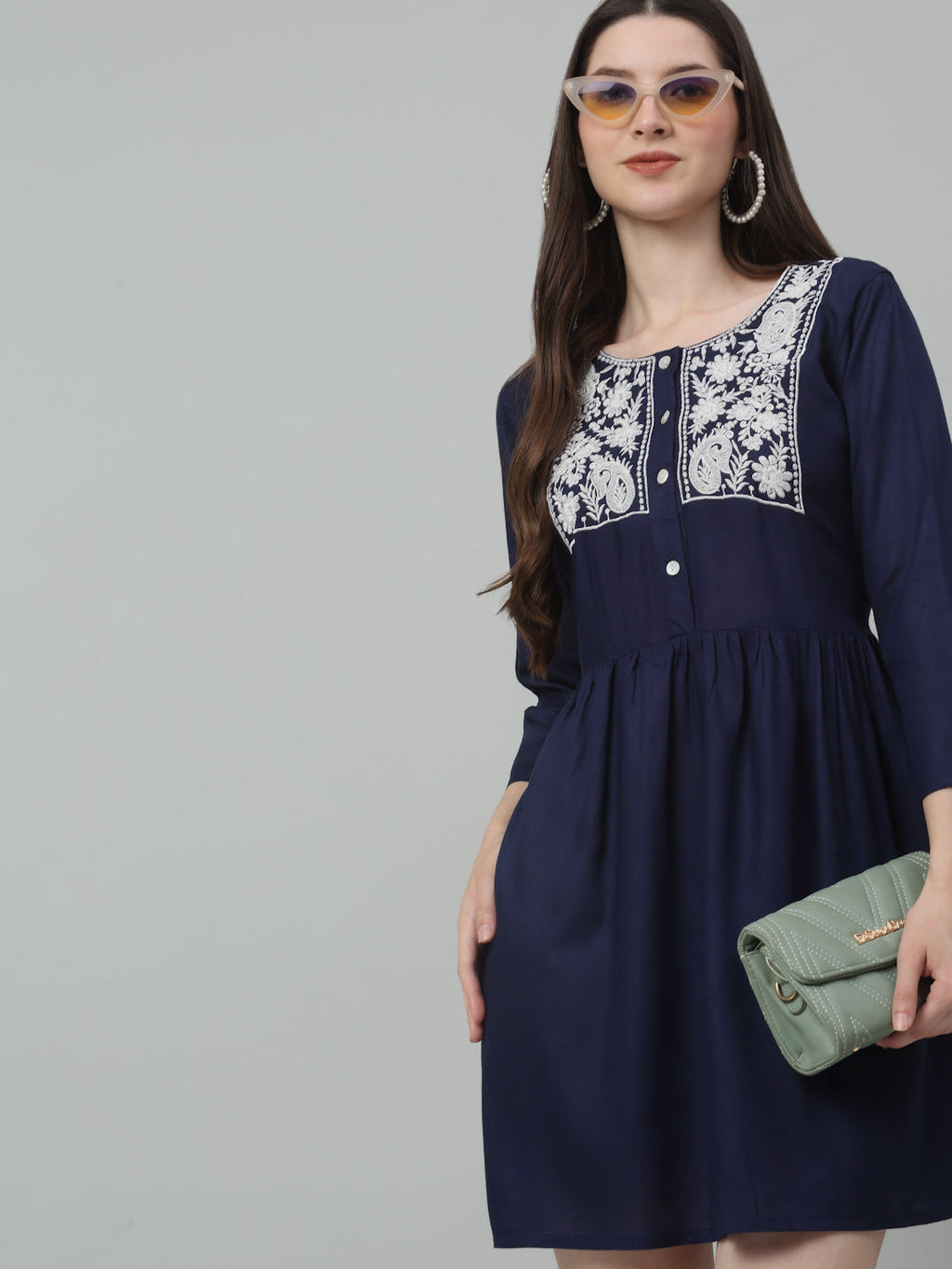 Jainish Women's WoEmbroidered A-line Dress - Navy Blue | Grocsy