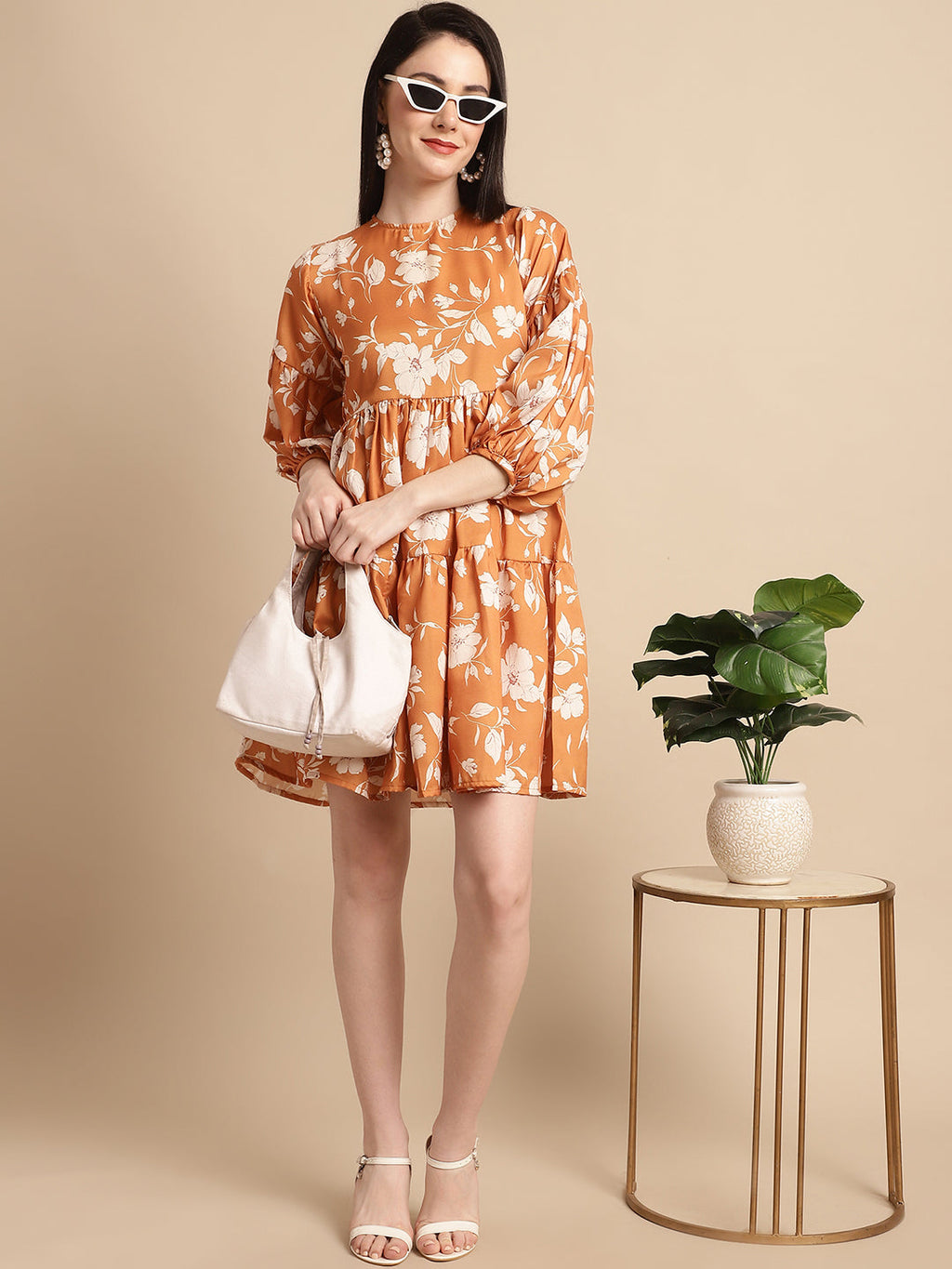 Jainish Women's Mustard Printed A-Line Dress | Grocsy