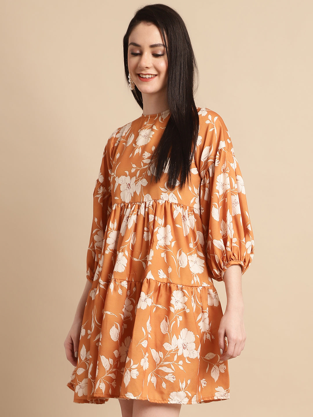 Jainish Women's Mustard Printed A-Line Dress | Grocsy