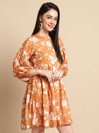 Jainish Women's Mustard Printed A-Line Dress | Grocsy