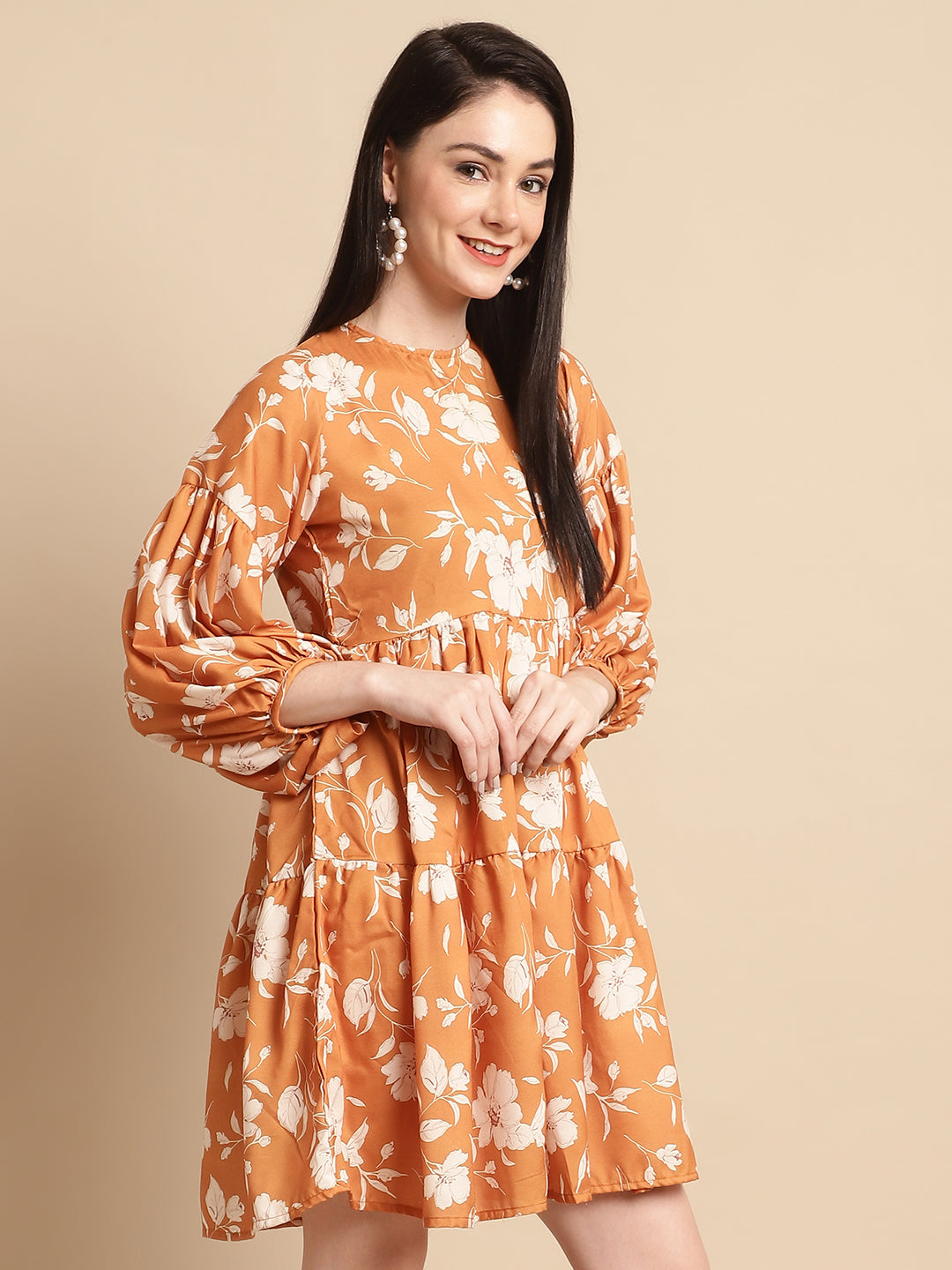 Jainish Women's Mustard Printed A-Line Dress | Grocsy