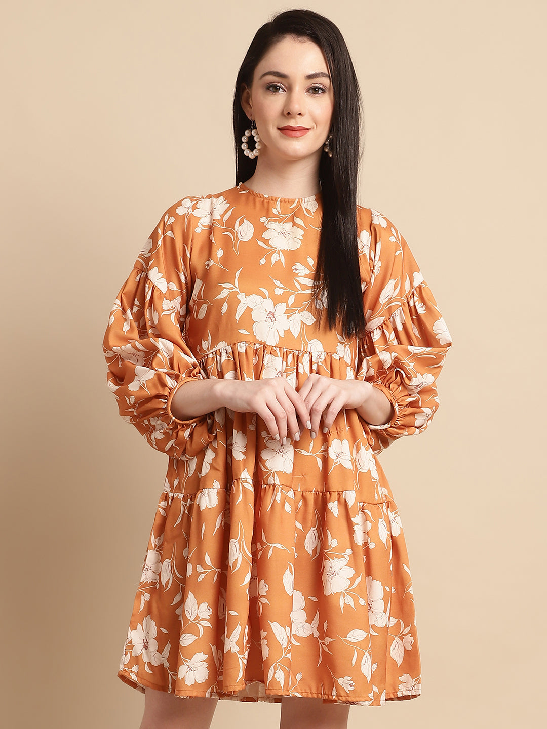 Jainish Women's Mustard Printed A-Line Dress | Grocsy