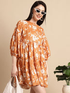 Jainish Women's Mustard Printed A-Line Dress | Grocsy