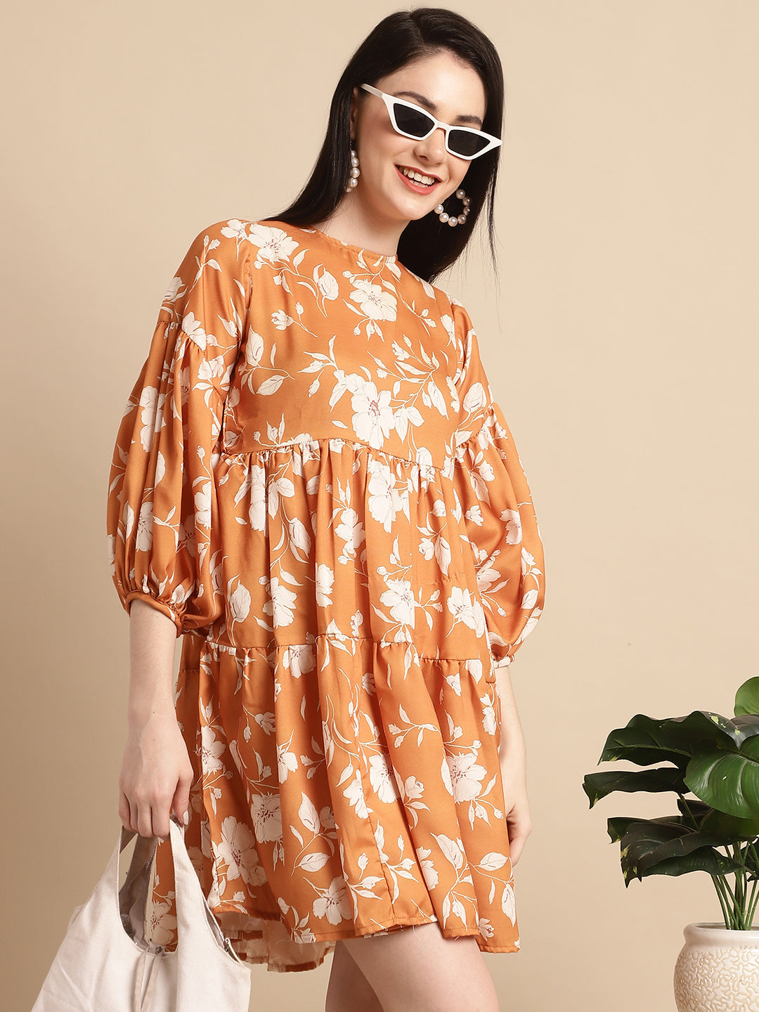 Jainish Women's Mustard Printed A-Line Dress | Grocsy