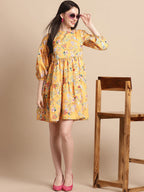 Jainish Women's Yellow Printed A-Line Dress | Grocsy