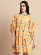 Jainish Women's Yellow Printed A-Line Dress | Grocsy