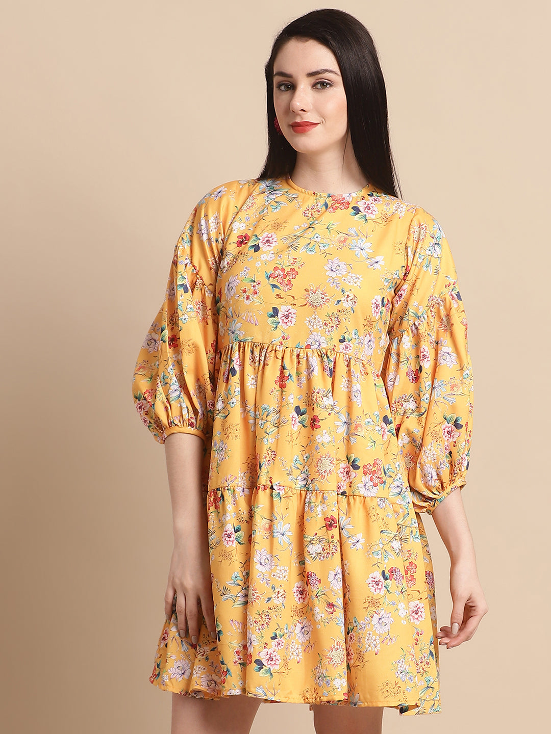 Jainish Women's Yellow Printed A-Line Dress | Grocsy