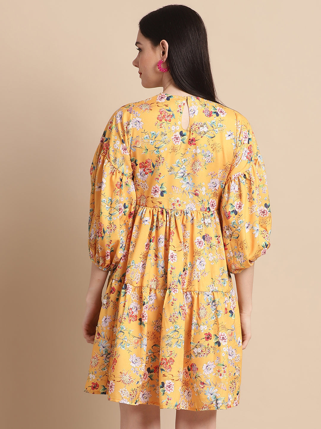 Jainish Women's Yellow Printed A-Line Dress | Grocsy