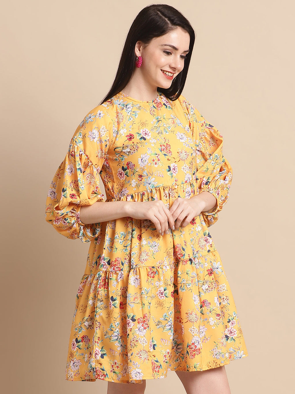 Jainish Women's Yellow Printed A-Line Dress | Grocsy