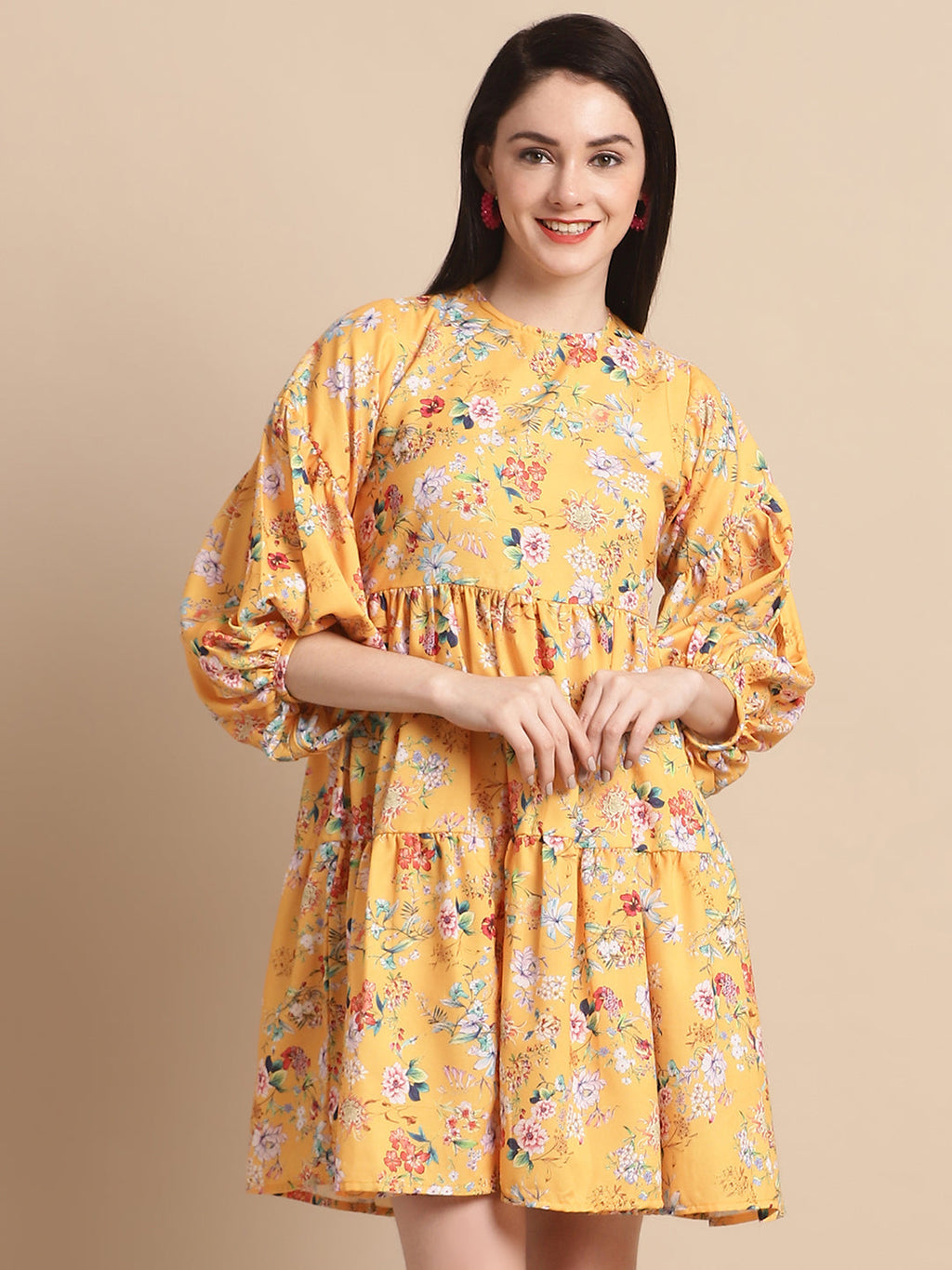 Jainish Women's Yellow Printed A-Line Dress | Grocsy
