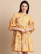 Jainish Women's Yellow Printed A-Line Dress | Grocsy