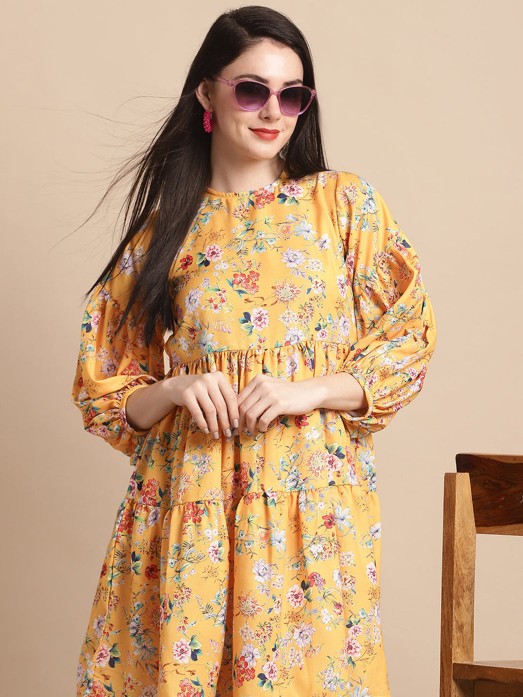 Jainish Women's Yellow Printed A-Line Dress | Grocsy