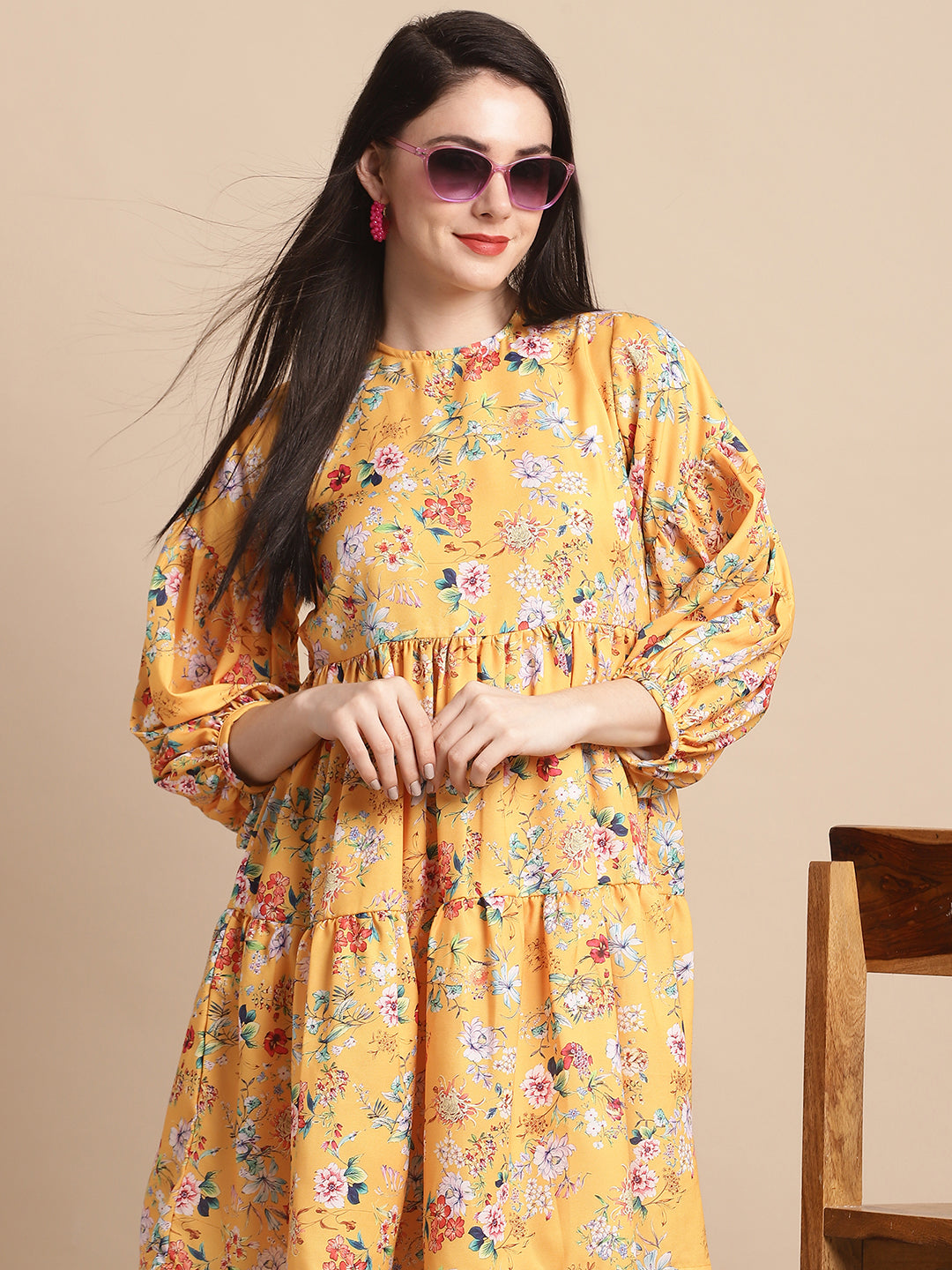 Jainish Women's Yellow Printed A-Line Dress | Grocsy
