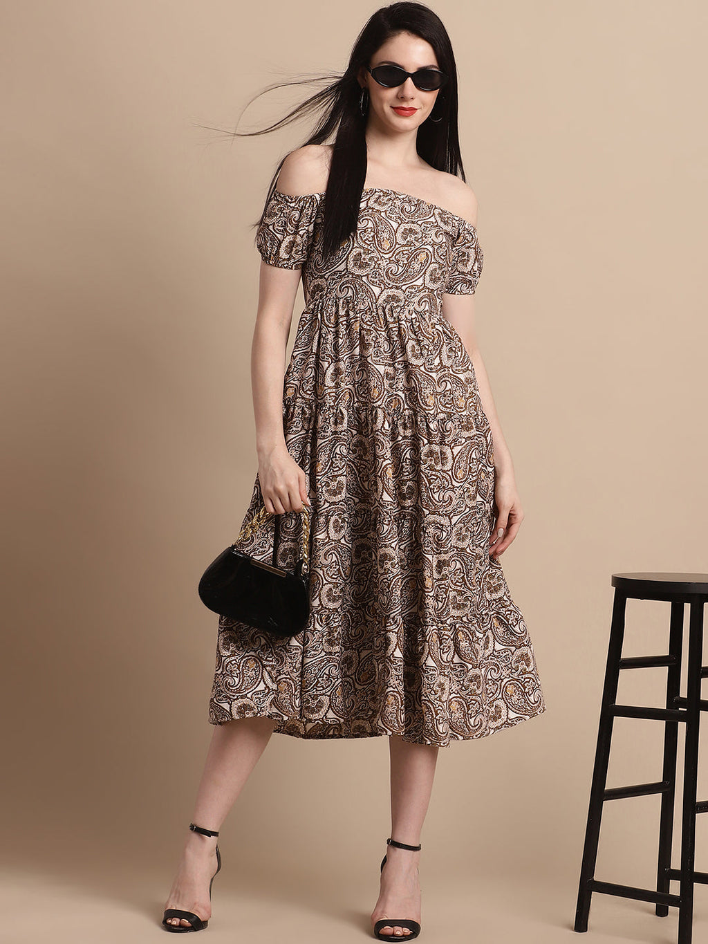 Jainish Women's WoBrown Printed off-Shoulder Dress | Grocsy