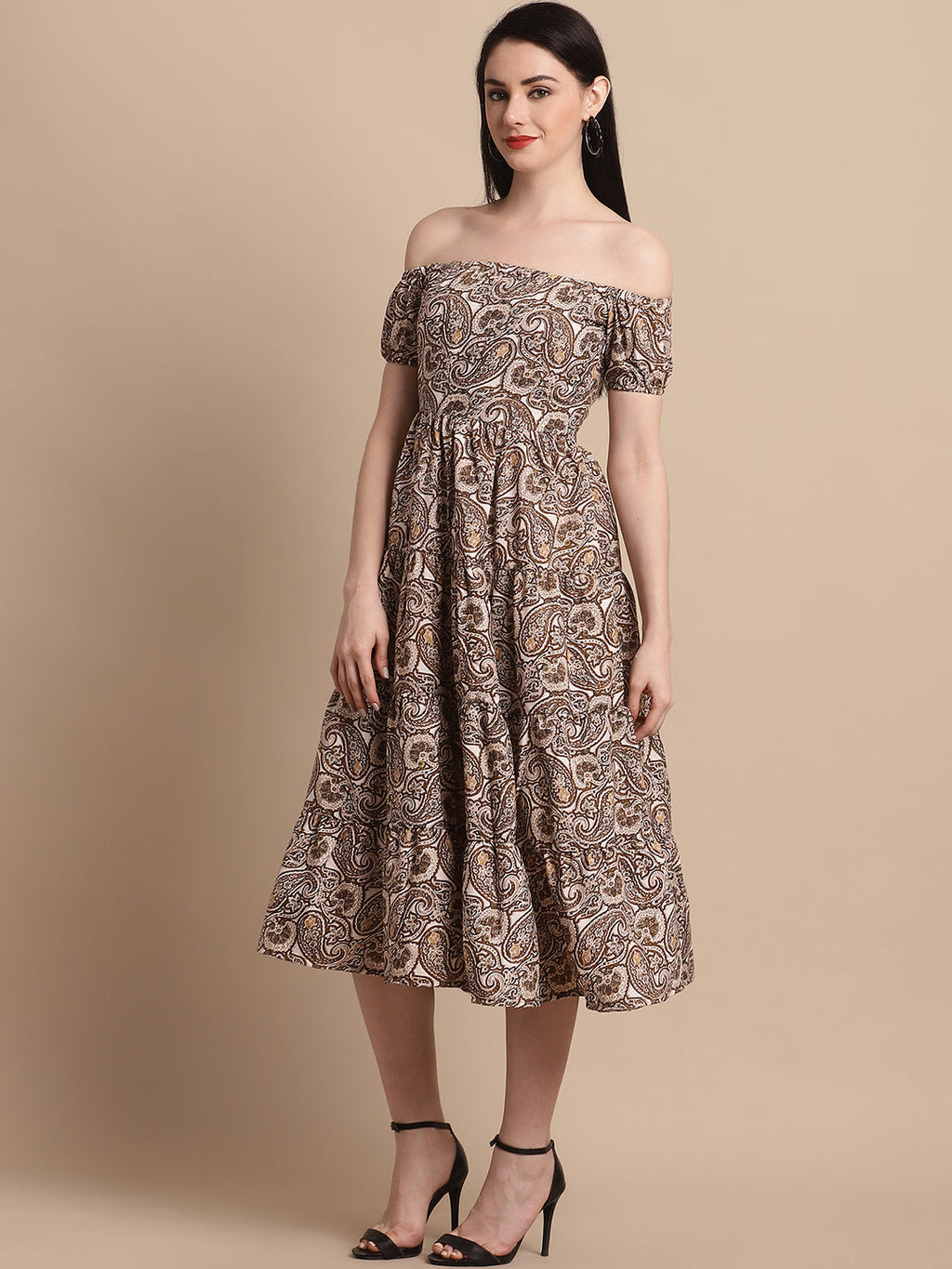 Jainish Women's WoBrown Printed off-Shoulder Dress | Grocsy