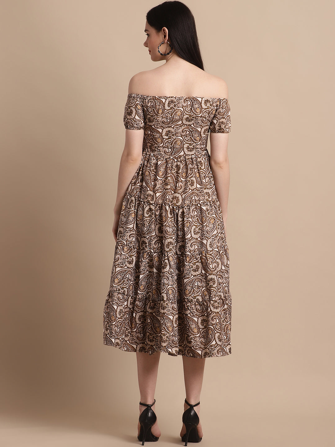 Jainish Women's WoBrown Printed off-Shoulder Dress | Grocsy