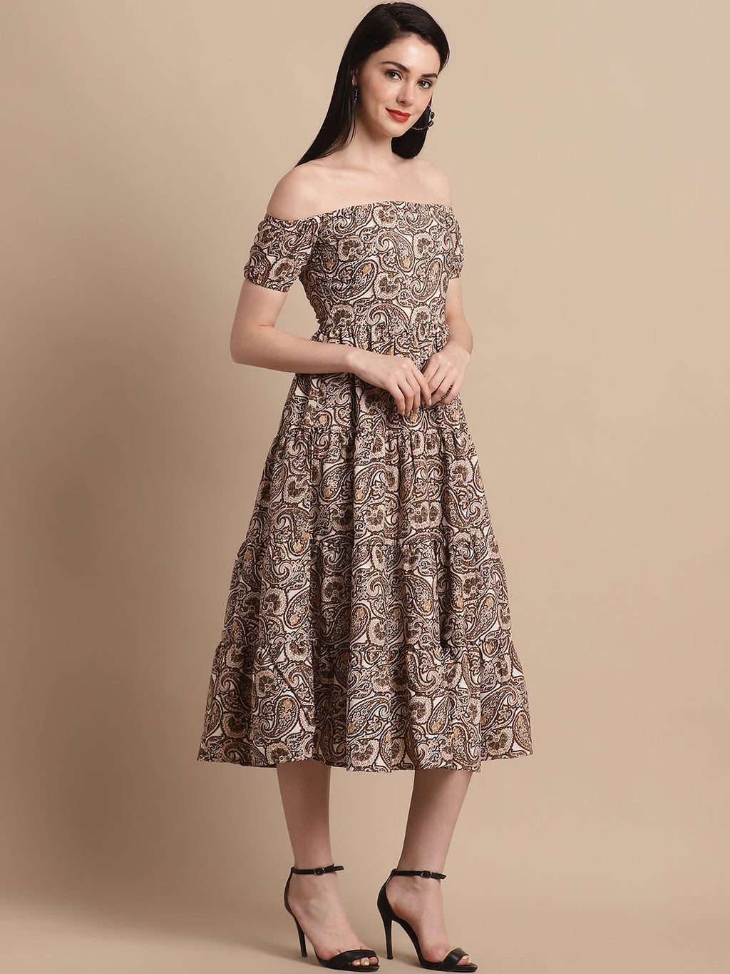 Jainish Women's WoBrown Printed off-Shoulder Dress | Grocsy