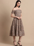 Jainish Women's WoBrown Printed off-Shoulder Dress | Grocsy