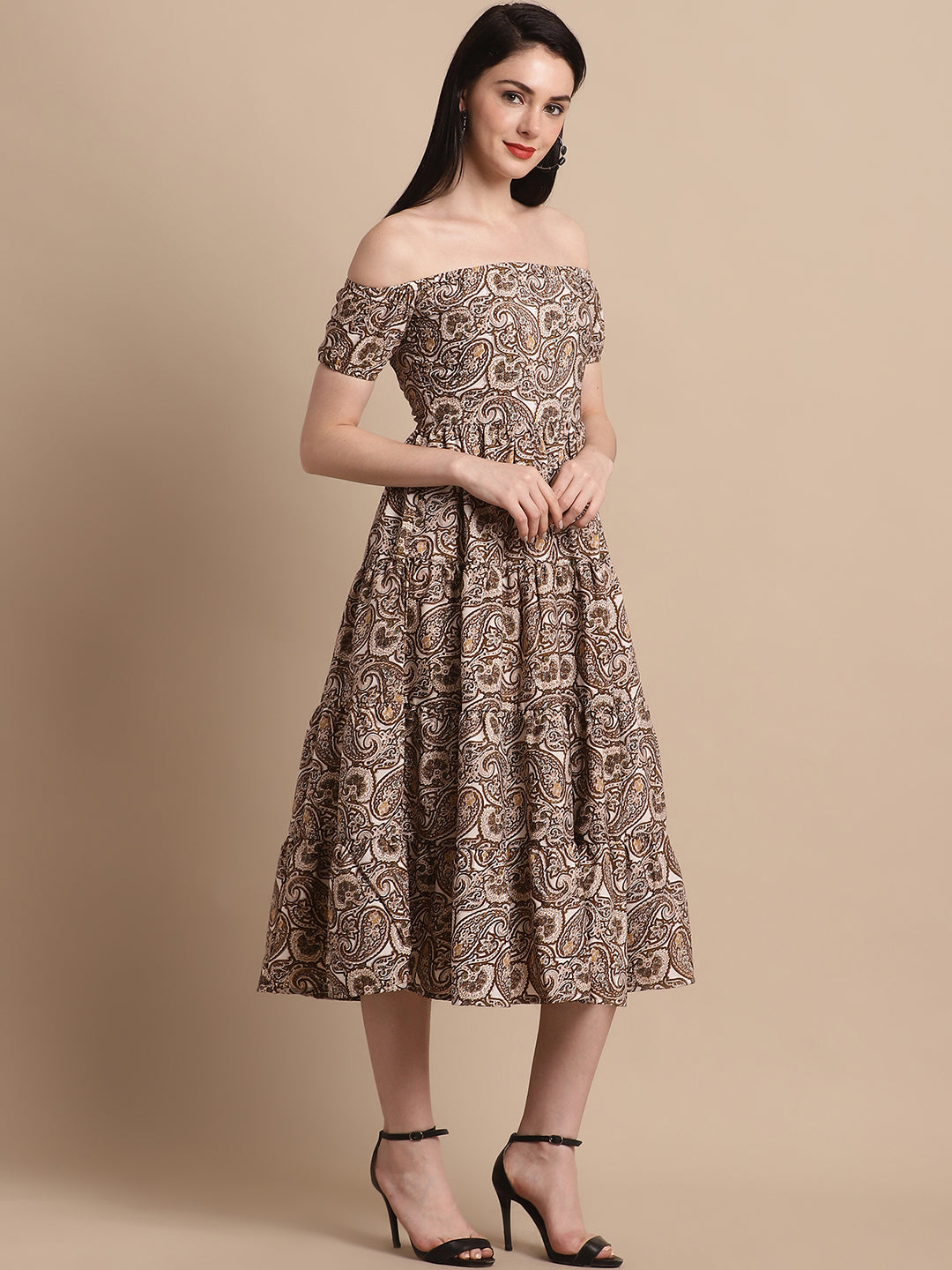 Jainish Women's WoBrown Printed off-Shoulder Dress | Grocsy
