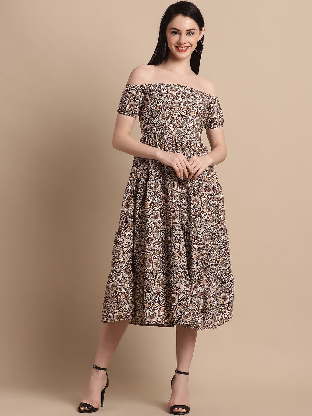 Jainish Women's WoBrown Printed off-Shoulder Dress | Grocsy