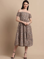 Jainish Women's WoBrown Printed off-Shoulder Dress | Grocsy