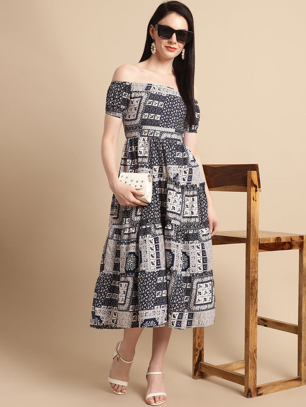 Jainish Women's WoNavy Blue Printed off-Shoulder Dress | Grocsy