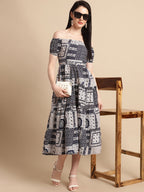Jainish Women's WoNavy Blue Printed off-Shoulder Dress | Grocsy