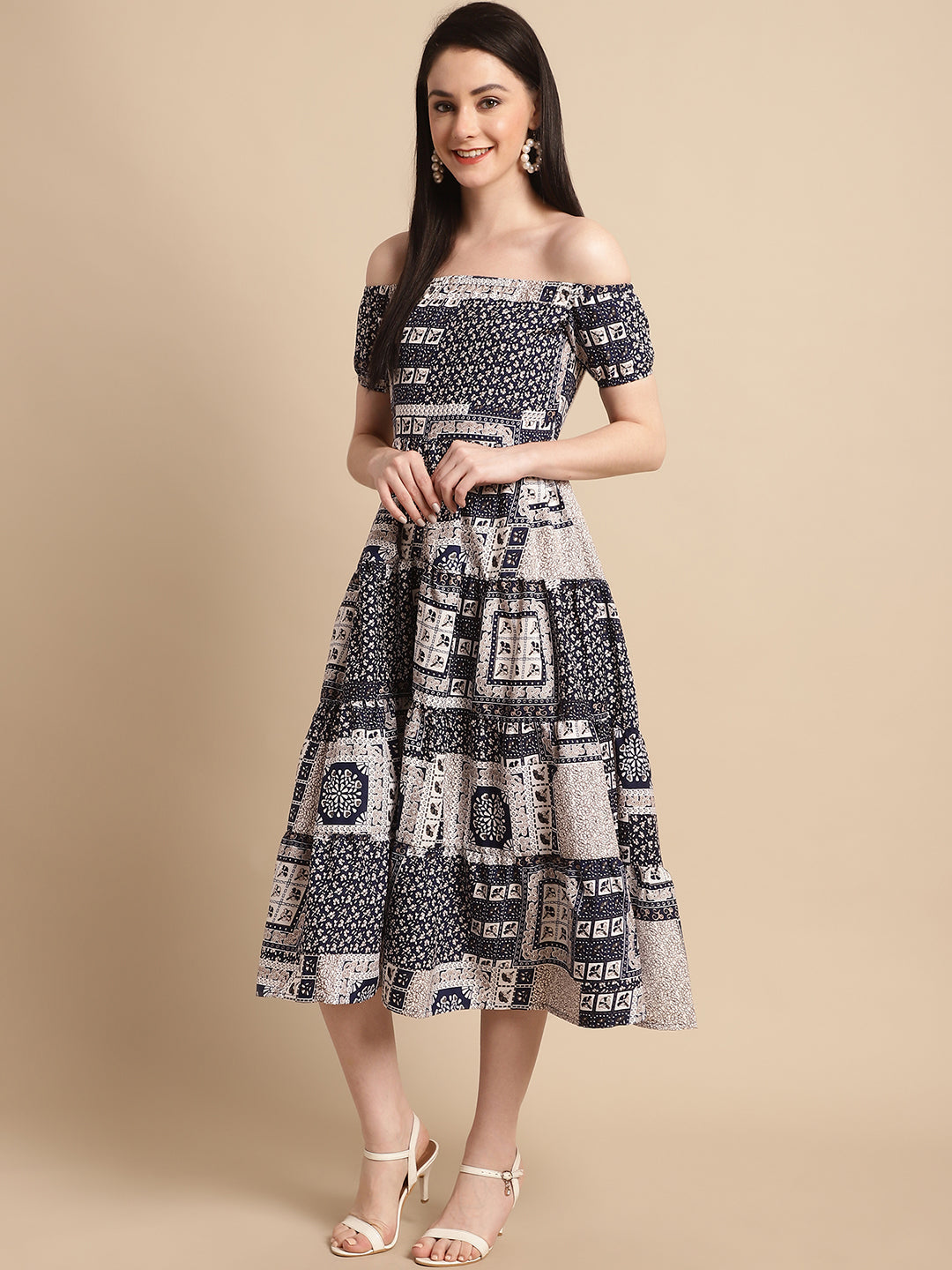 Jainish Women's WoNavy Blue Printed off-Shoulder Dress | Grocsy