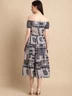 Jainish Women's WoNavy Blue Printed off-Shoulder Dress | Grocsy