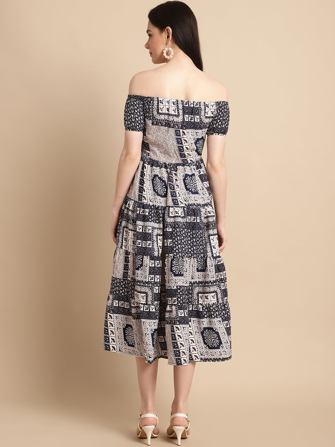 Jainish Women's WoNavy Blue Printed off-Shoulder Dress | Grocsy