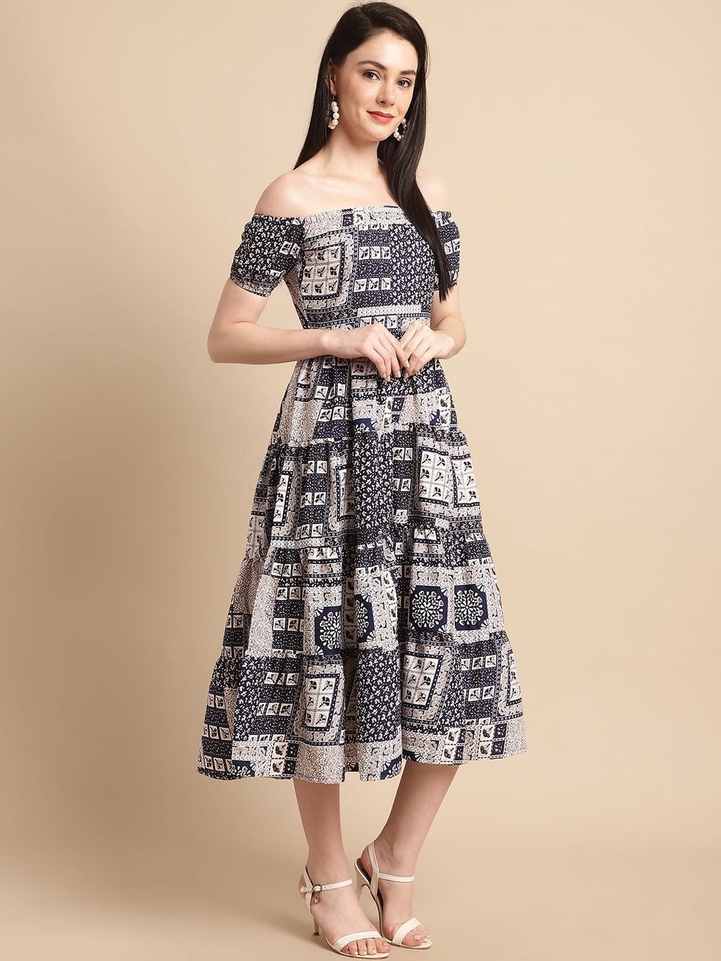 Jainish Women's WoNavy Blue Printed off-Shoulder Dress | Grocsy