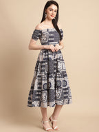 Jainish Women's WoNavy Blue Printed off-Shoulder Dress | Grocsy