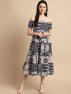 Jainish Women's WoNavy Blue Printed off-Shoulder Dress | Grocsy