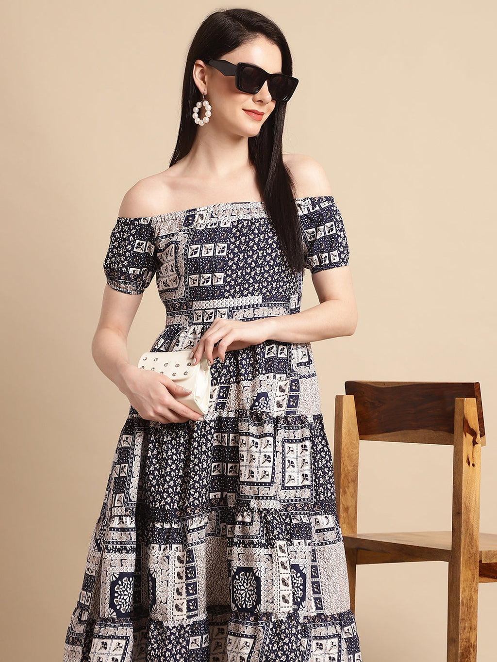 Jainish Women's WoNavy Blue Printed off-Shoulder Dress | Grocsy