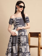 Jainish Women's WoNavy Blue Printed off-Shoulder Dress | Grocsy