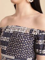 Jainish Women's WoNavy Blue Printed off-Shoulder Dress | Grocsy