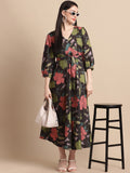 Jainish Women's WoBlack Floral Printed A-line Dress With Belt | Grocsy