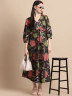 Jainish Women's WoBlack Floral Printed A-line Dress With Belt | Grocsy