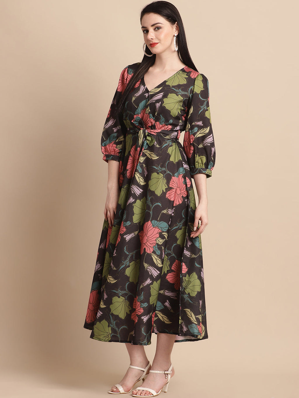 Jainish Women's WoBlack Floral Printed A-line Dress With Belt | Grocsy