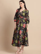 Jainish Women's WoBlack Floral Printed A-line Dress With Belt | Grocsy