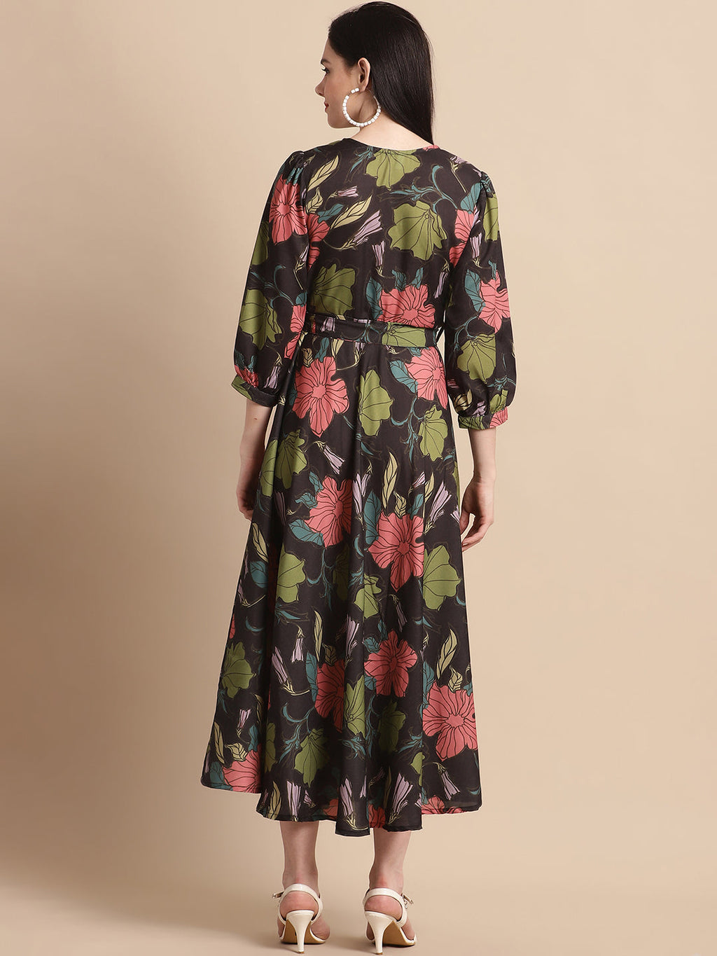 Jainish Women's WoBlack Floral Printed A-line Dress With Belt | Grocsy